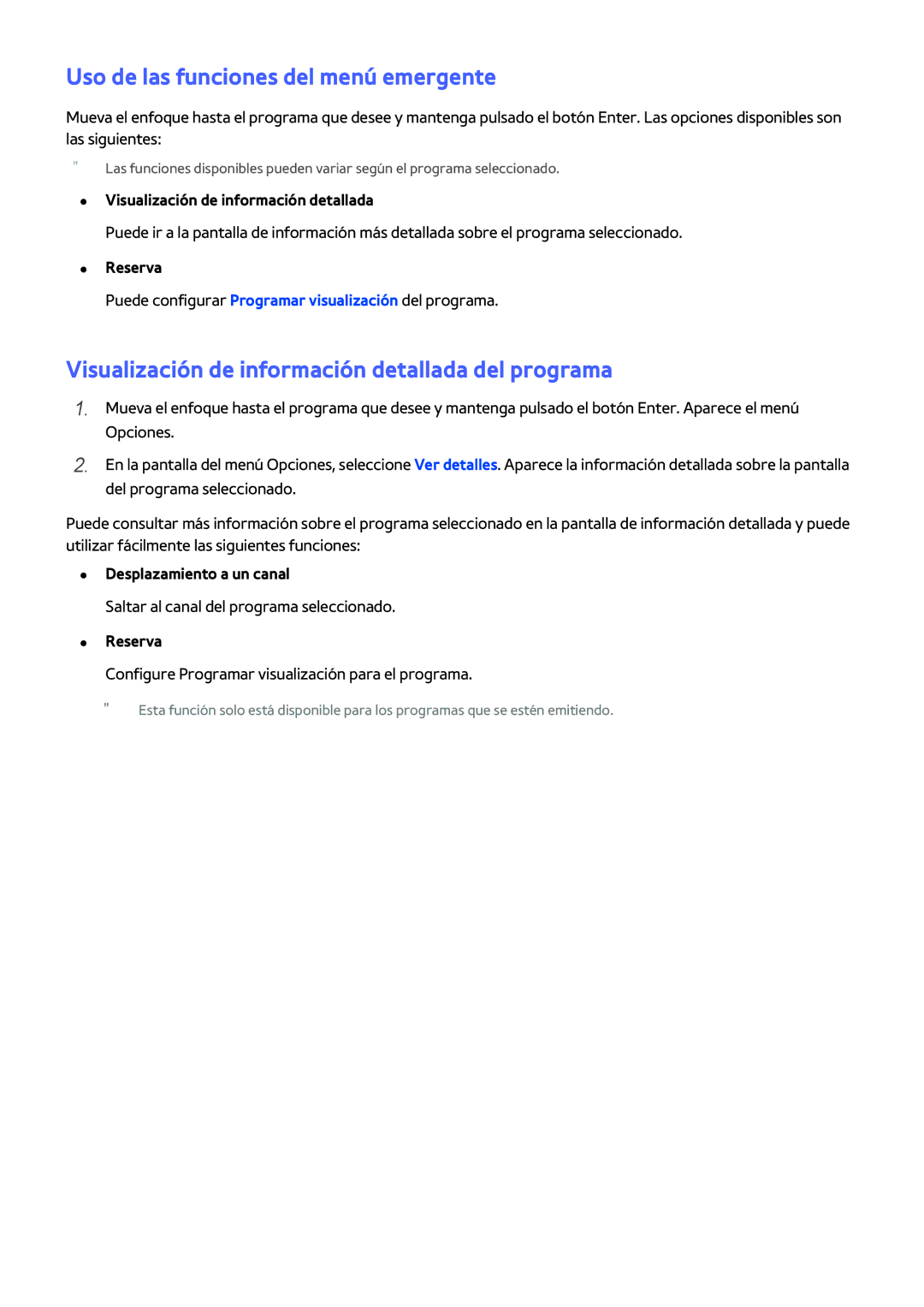 Samsung UE50H5303AWXXC manual Visualización de información detallada del programa, Reserva, Desplazamiento a un canal 