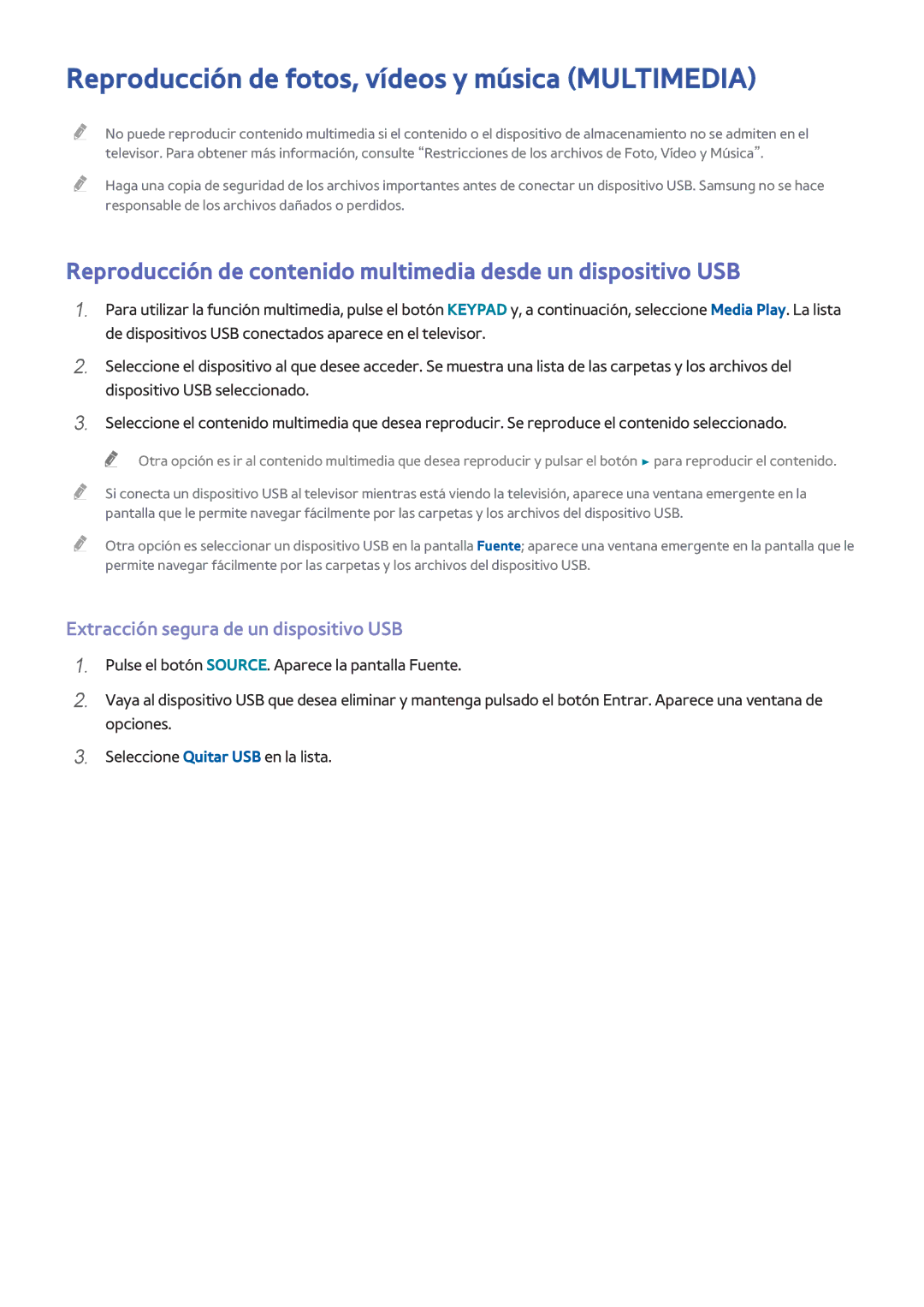 Samsung UE48H5203AWXXC manual Reproducción de fotos, vídeos y música Multimedia, Extracción segura de un dispositivo USB 