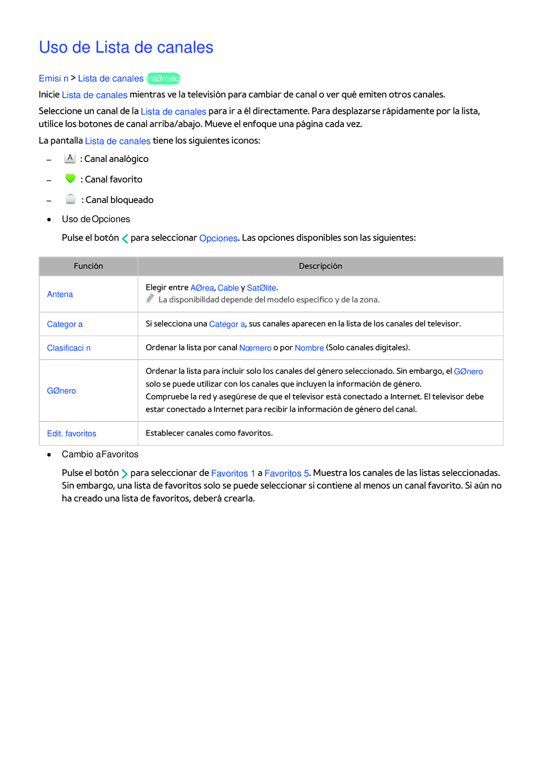 Samsung UE60H6203AWXXC Uso de Lista de canales, Emisión Lista de canales Inténtelo, Uso de Opciones, Cambio a Favoritos 