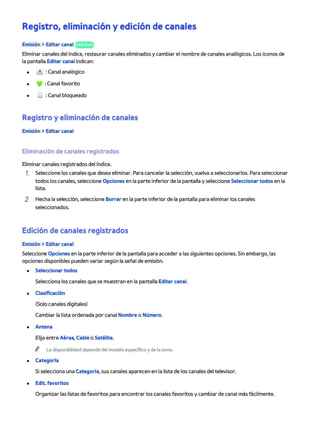 Samsung UE60H6203AWXXH, UE58J5270SSXZG manual Registro, eliminación y edición de canales, Registro y eliminación de canales 