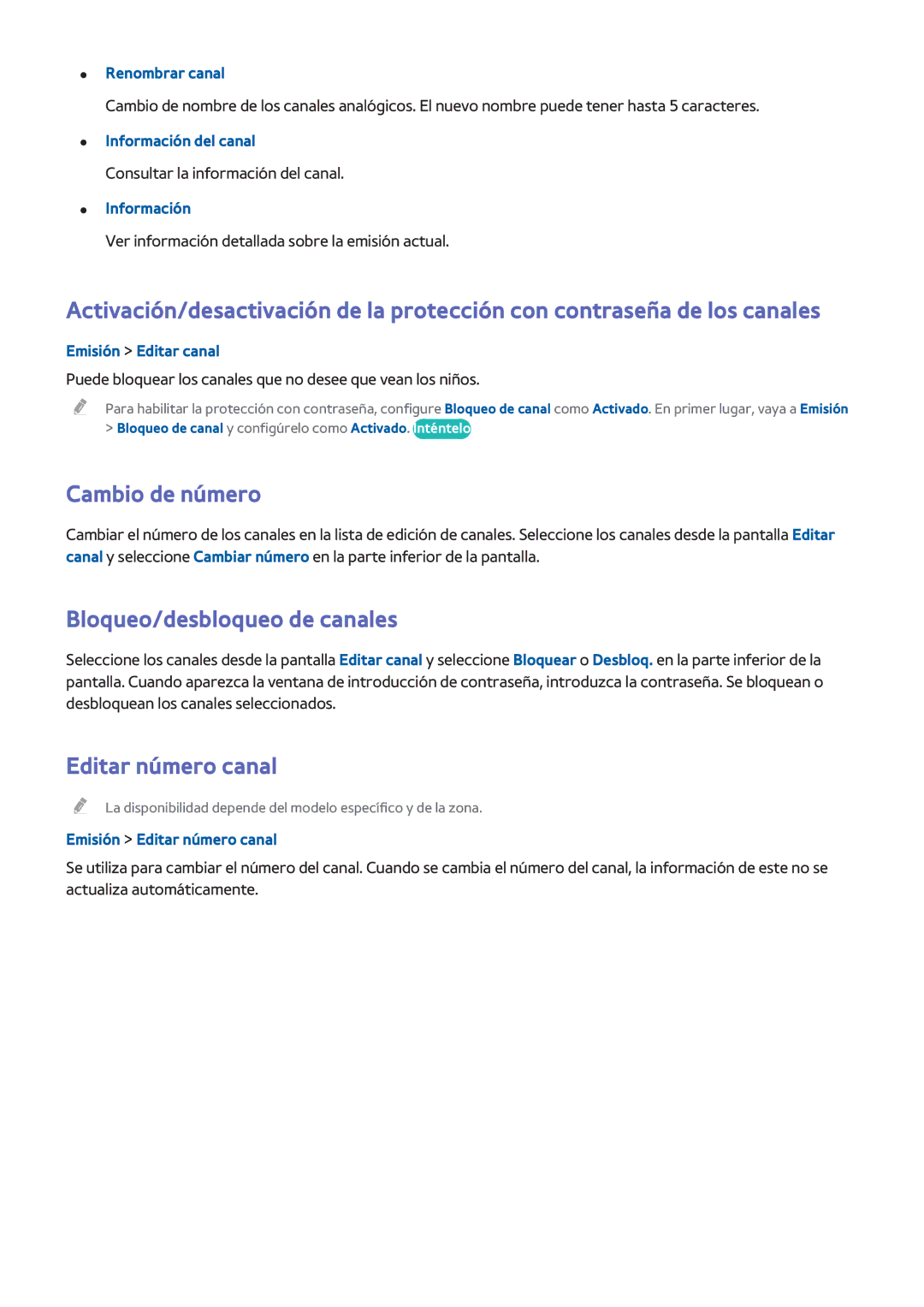 Samsung UE40H5203AWXXC, UE58J5270SSXZG, UE60H6203AWXXC Cambio de número, Bloqueo/desbloqueo de canales, Editar número canal 