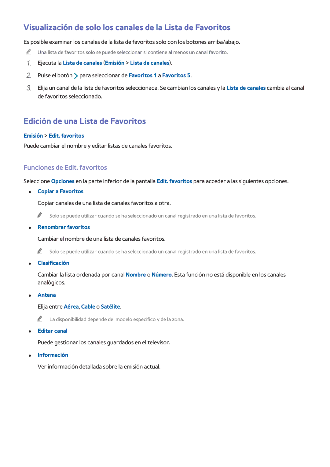 Samsung UE32H5303AWXXC manual Visualización de solo los canales de la Lista de Favoritos, Edición de una Lista de Favoritos 