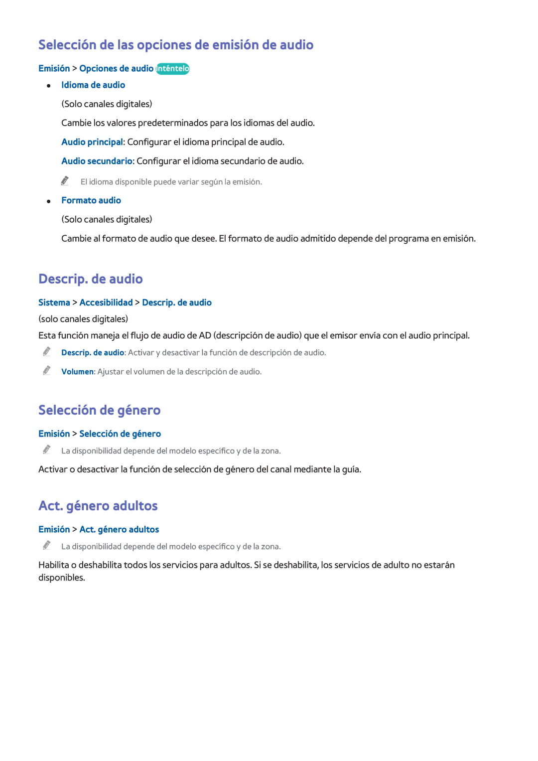 Samsung UE48H5003AWXXC manual Selección de las opciones de emisión de audio, Descrip. de audio, Selección de género 