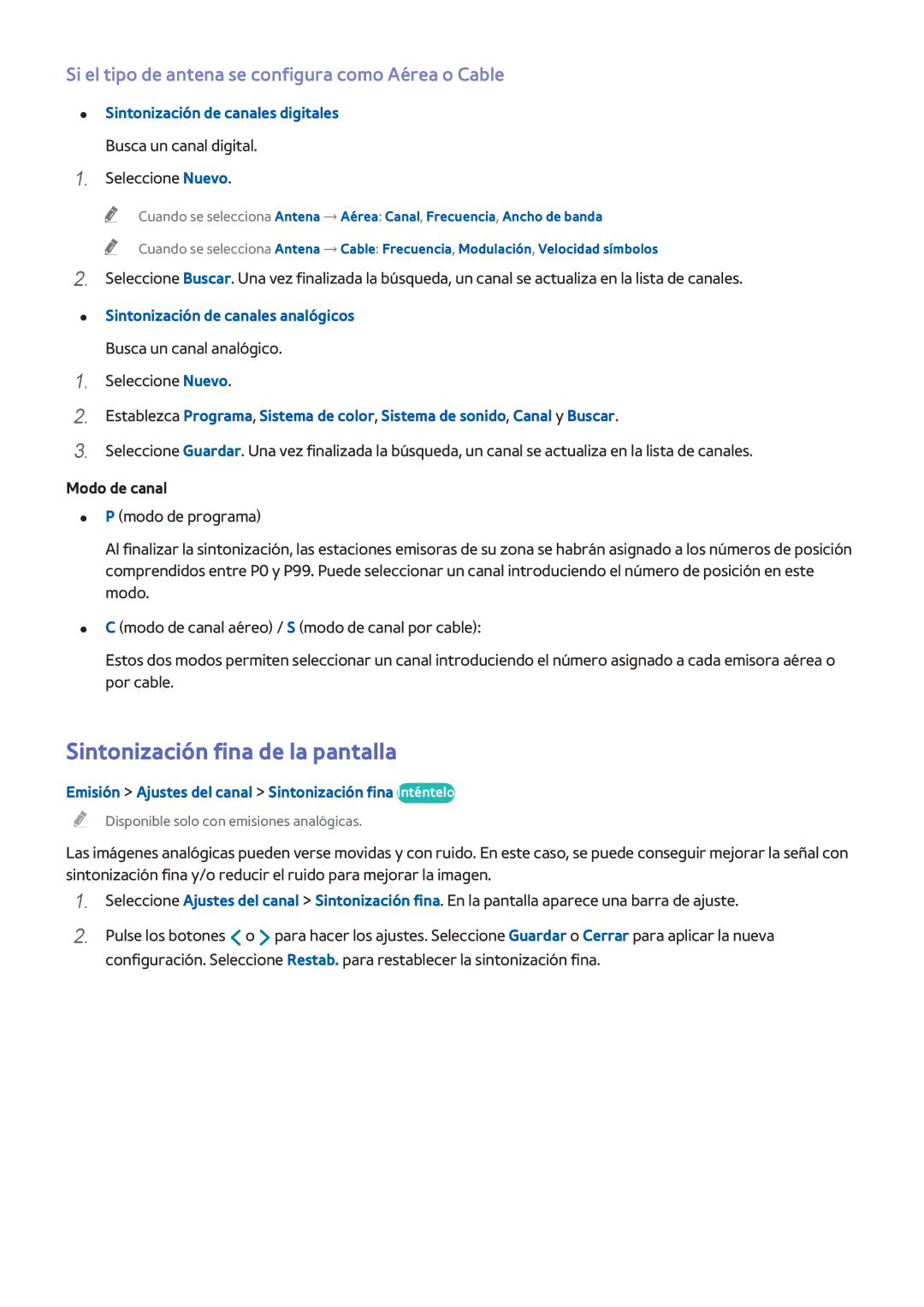 Samsung UA46H5303AKXKE manual Sintonización fina de la pantalla, Si el tipo de antena se configura como Aérea o Cable 