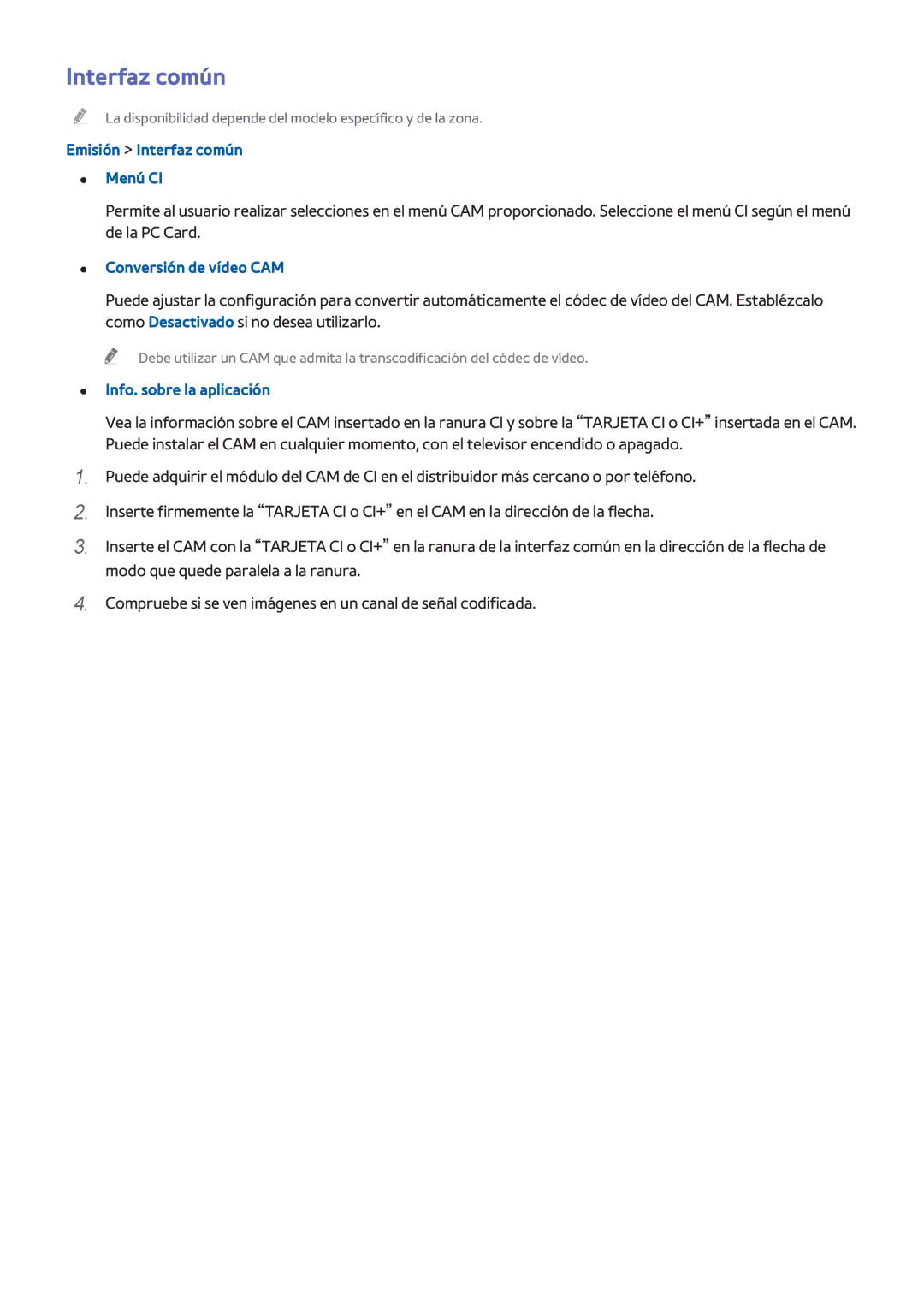 Samsung UE58J5270SSXZG manual Emisión Interfaz común Menú CI, Conversión de vídeo CAM, Info. sobre la aplicación 