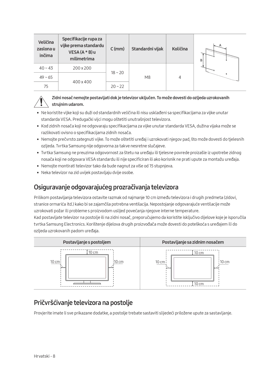 Samsung UE55MU6192UXXH manual Osiguravanje odgovarajućeg prozračivanja televizora, Pričvršćivanje televizora na postolje 