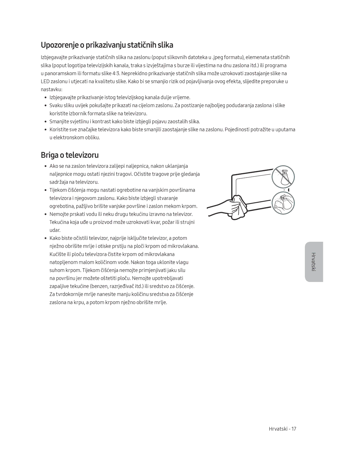 Samsung UE55MU6122KXXH, UE58MU6192UXXH, UE40MU6122KXXH manual Upozorenje o prikazivanju statičnih slika, Briga o televizoru 