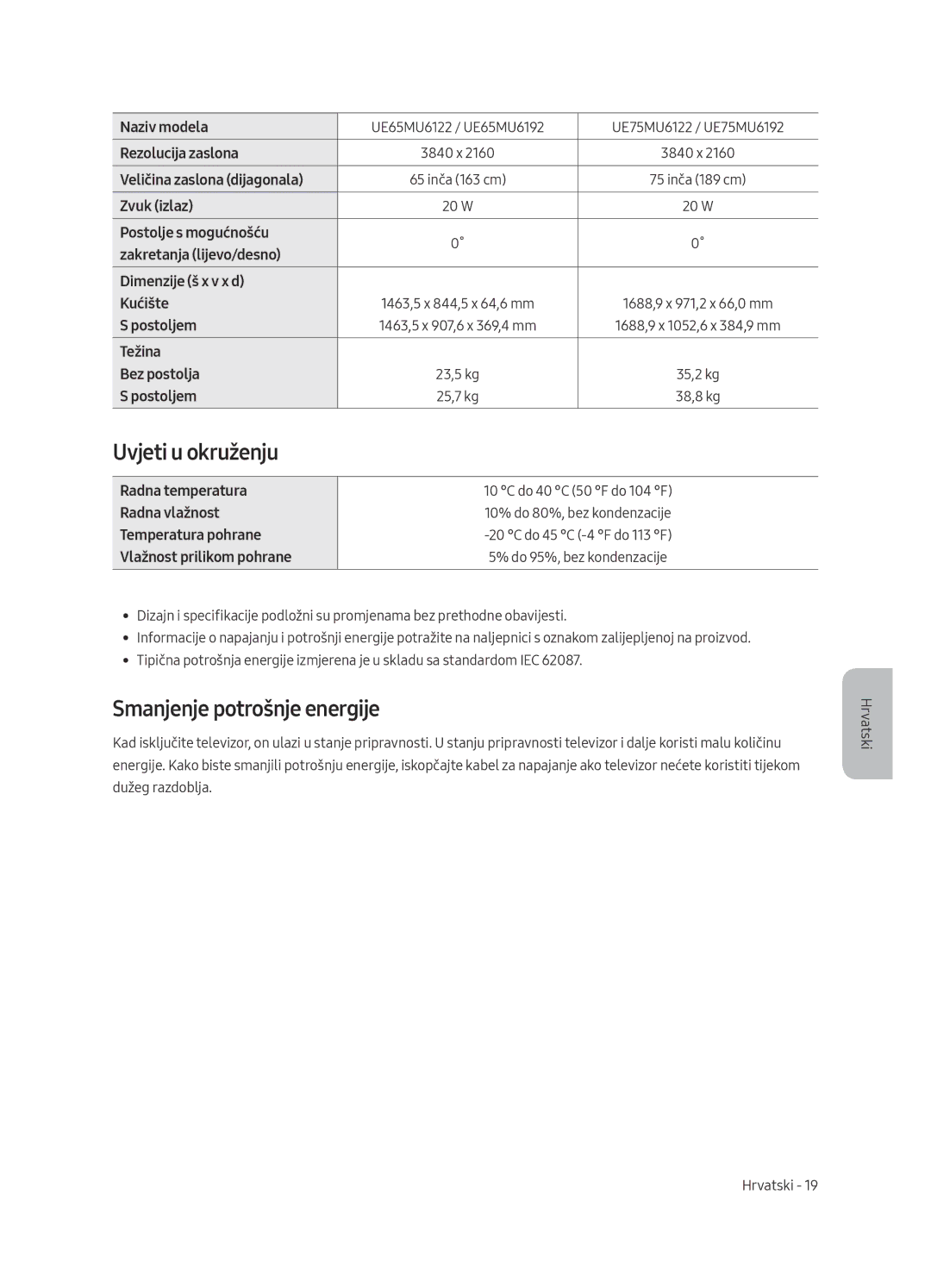 Samsung UE75MU6122KXXH, UE58MU6192UXXH, UE40MU6122KXXH, UE65MU6122KXXH manual Uvjeti u okruženju, Smanjenje potrošnje energije 