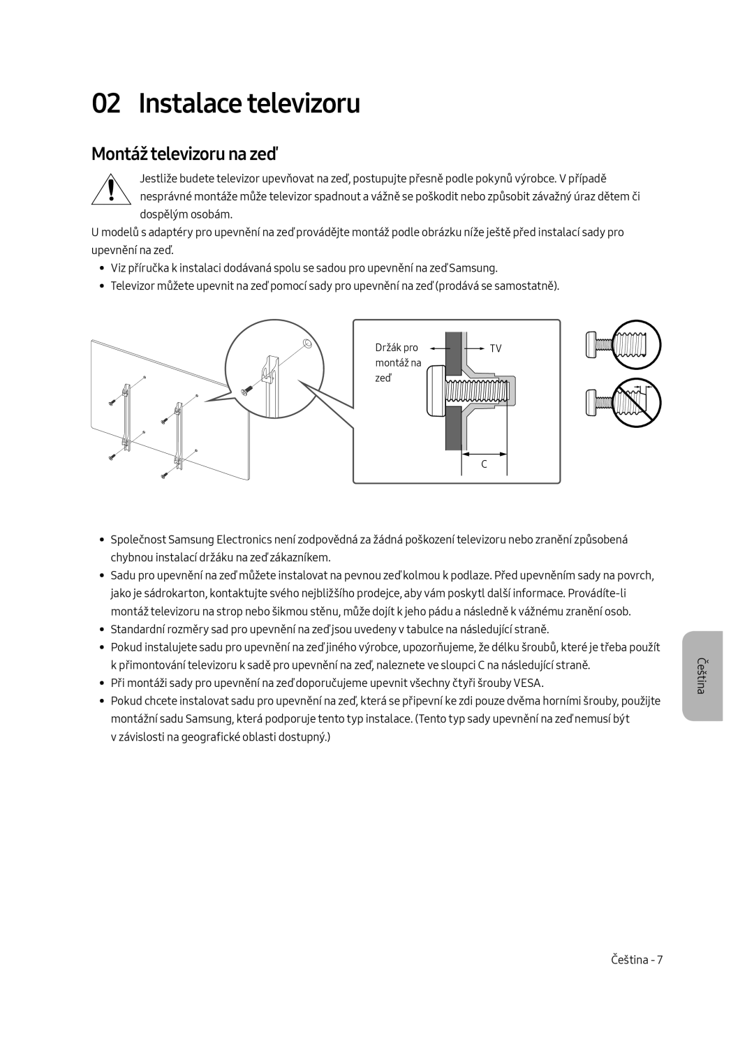 Samsung UE40MU6122KXXH, UE58MU6192UXXH, UE65MU6122KXXH, UE50MU6122KXXH manual Instalace televizoru, Montáž televizoru na zeď 