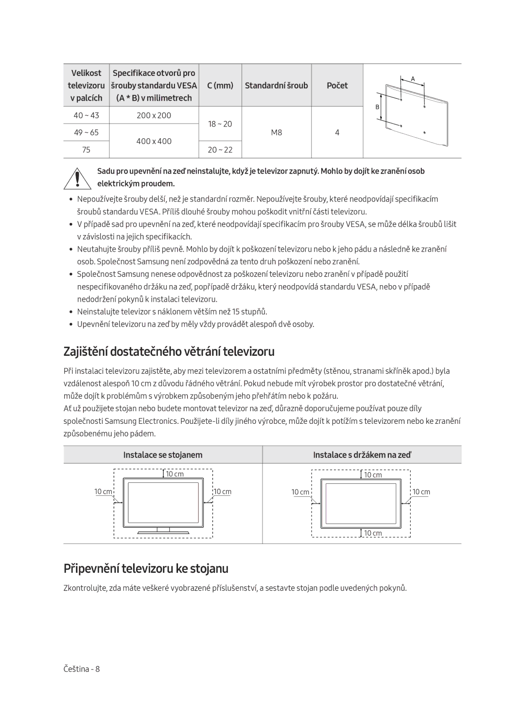 Samsung UE65MU6122KXXH manual Zajištění dostatečného větrání televizoru, Připevnění televizoru ke stojanu, Velikost 