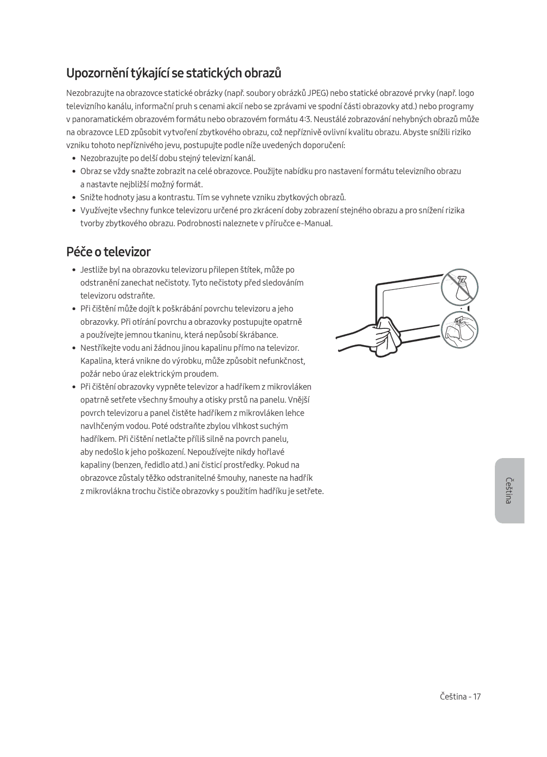 Samsung UE50MU6192UXXH, UE58MU6192UXXH, UE40MU6122KXXH manual Upozornění týkající se statických obrazů, Péče o televizor 