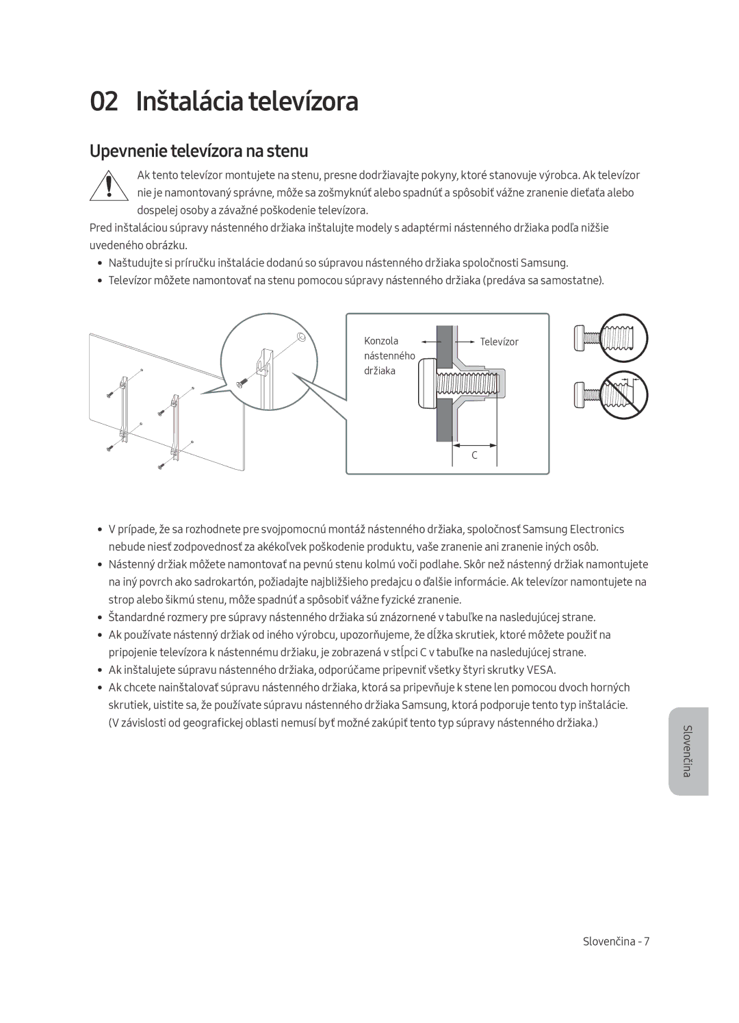 Samsung UE75MU6122KXXH, UE58MU6192UXXH, UE40MU6122KXXH manual 02 Inštalácia televízora, Upevnenie televízora na stenu 