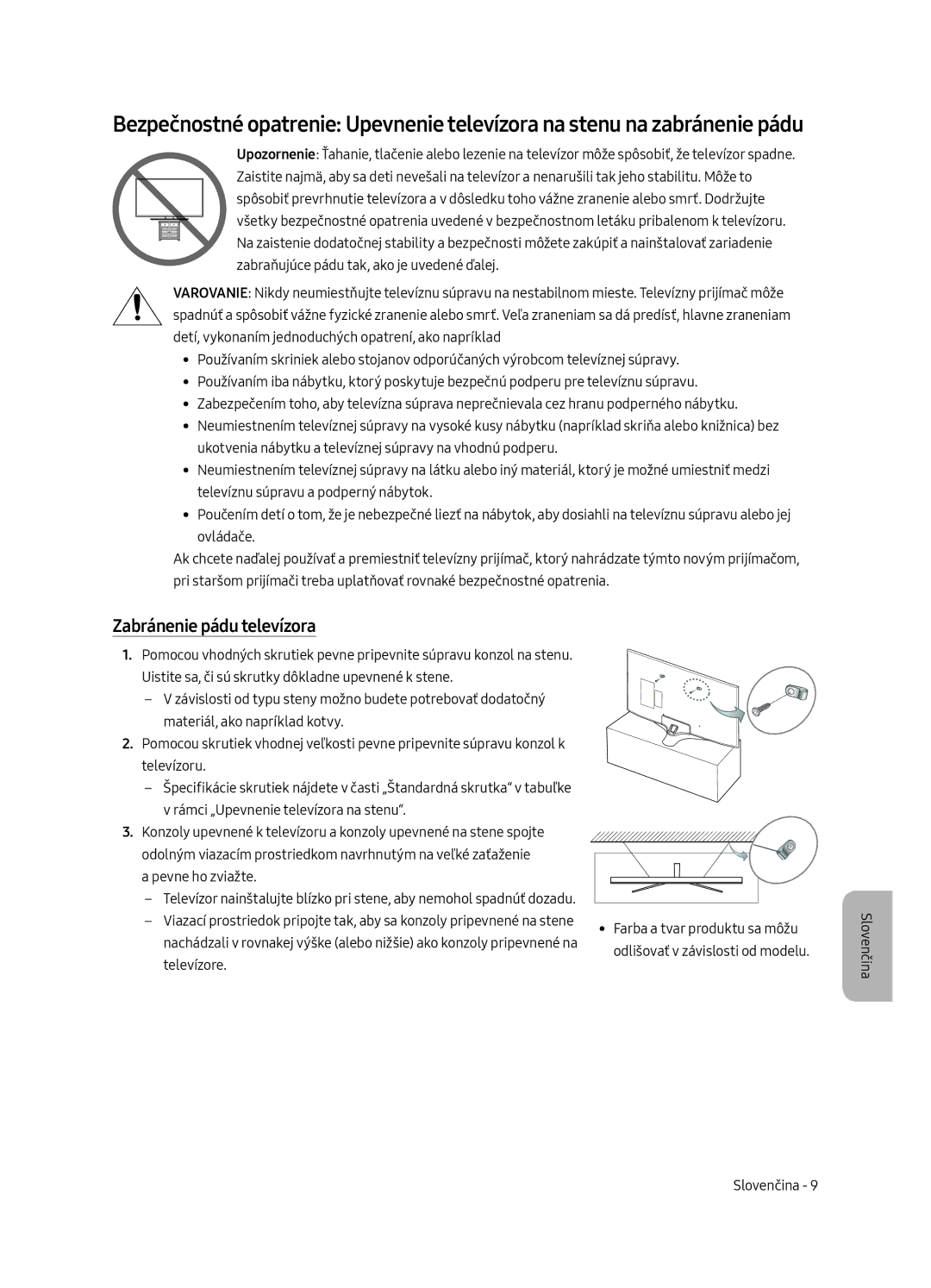 Samsung UE43MU6192UXXH, UE58MU6192UXXH, UE40MU6122KXXH, UE65MU6122KXXH, UE50MU6122KXXH manual Zabránenie pádu televízora 