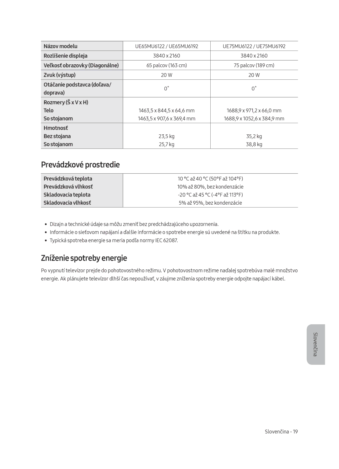 Samsung UE55MU6122KXXH, UE58MU6192UXXH, UE40MU6122KXXH, UE65MU6122KXXH Prevádzkové prostredie, Zníženie spotreby energie 