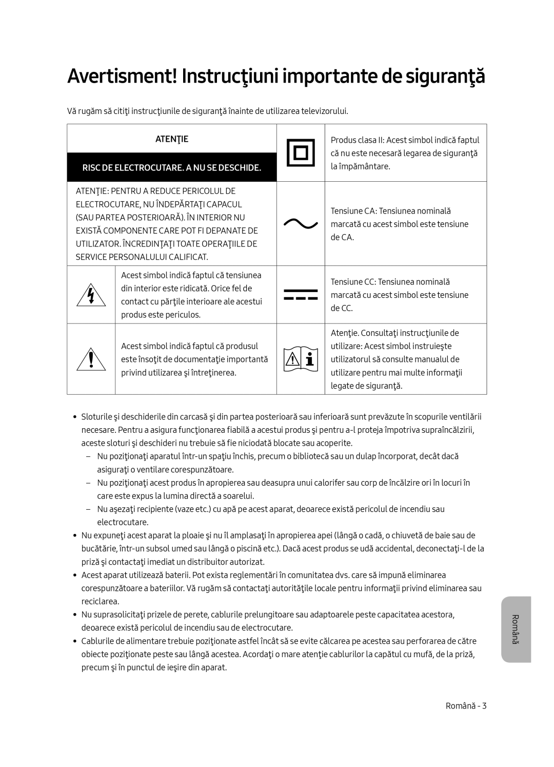 Samsung UE43MU6192UXXH, UE58MU6192UXXH, UE40MU6122KXXH, UE65MU6122KXXH Avertisment! Instrucţiuni importante de siguranţă 