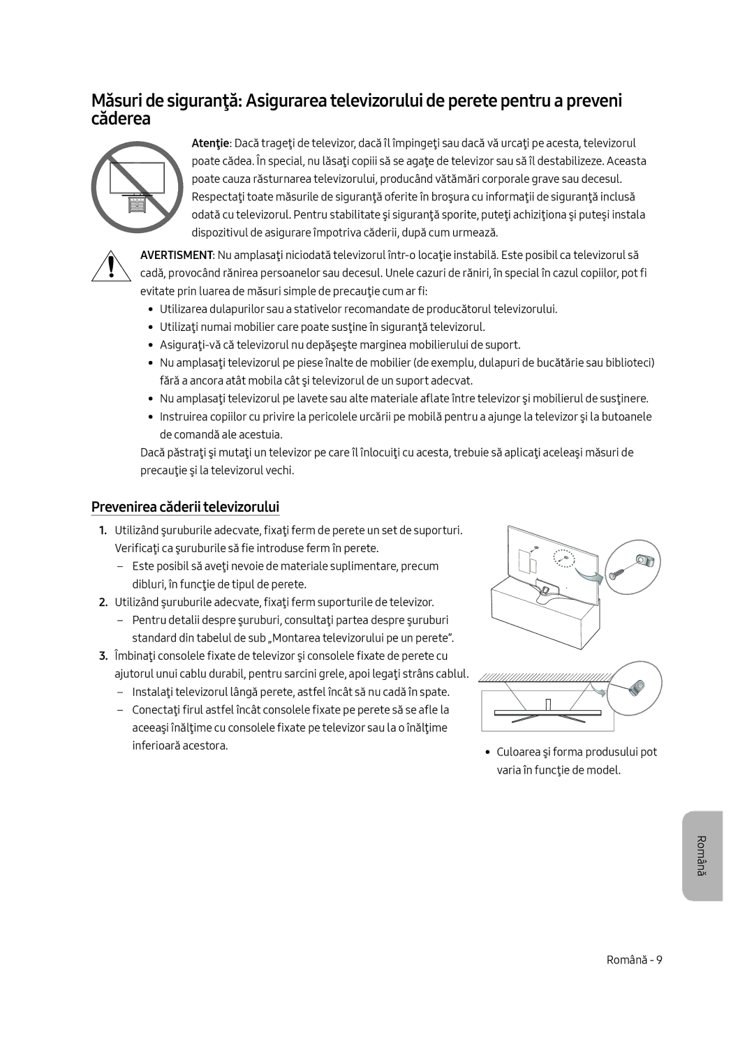 Samsung UE40MU6122KXXH, UE58MU6192UXXH, UE65MU6122KXXH, UE50MU6122KXXH, UE43MU6122KXXH manual Prevenirea căderii televizorului 