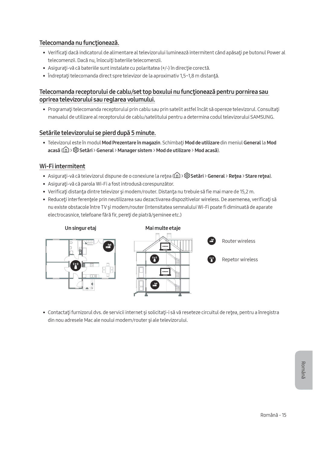 Samsung UE75MU6122KXXH manual Telecomanda nu funcţionează, Setările televizorului se pierd după 5 minute, Wi-Fi intermitent 