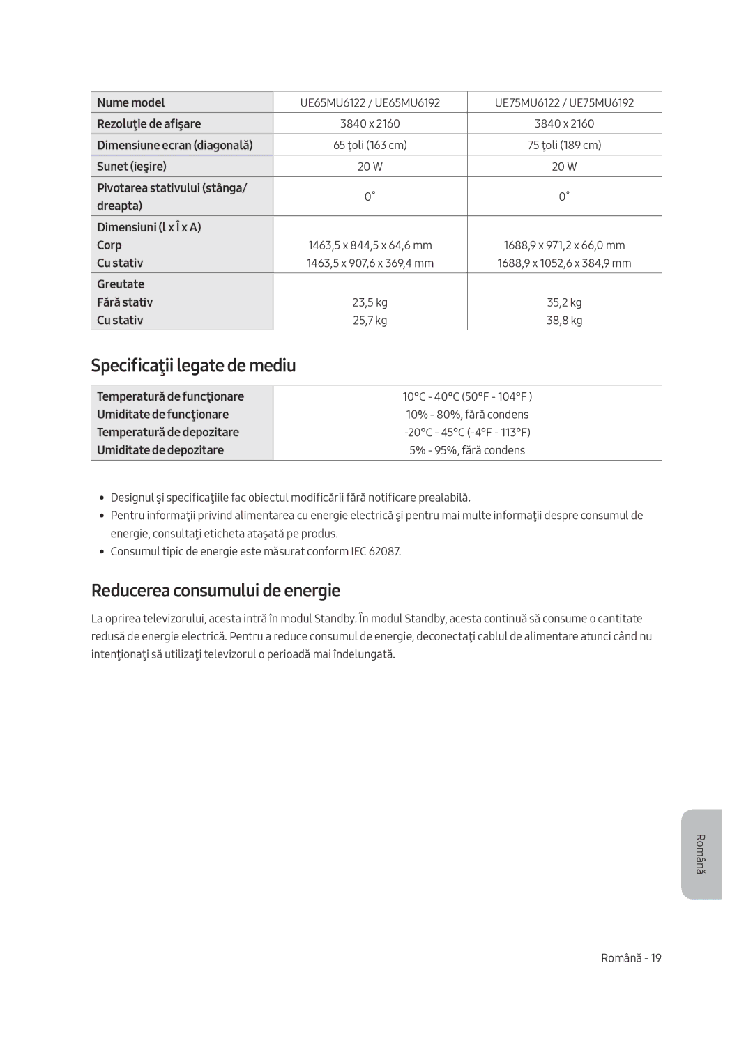 Samsung UE50MU6192UXXH, UE58MU6192UXXH, UE40MU6122KXXH manual Specificaţii legate de mediu, Reducerea consumului de energie 