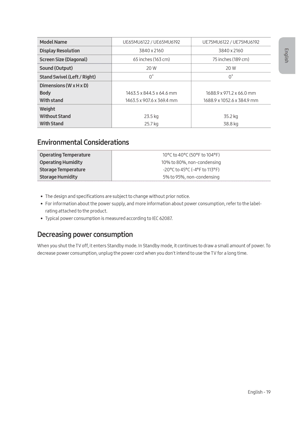 Samsung UE55MU6122KXXH, UE58MU6192UXXH, UE40MU6122KXXH manual Environmental Considerations, Decreasing power consumption 