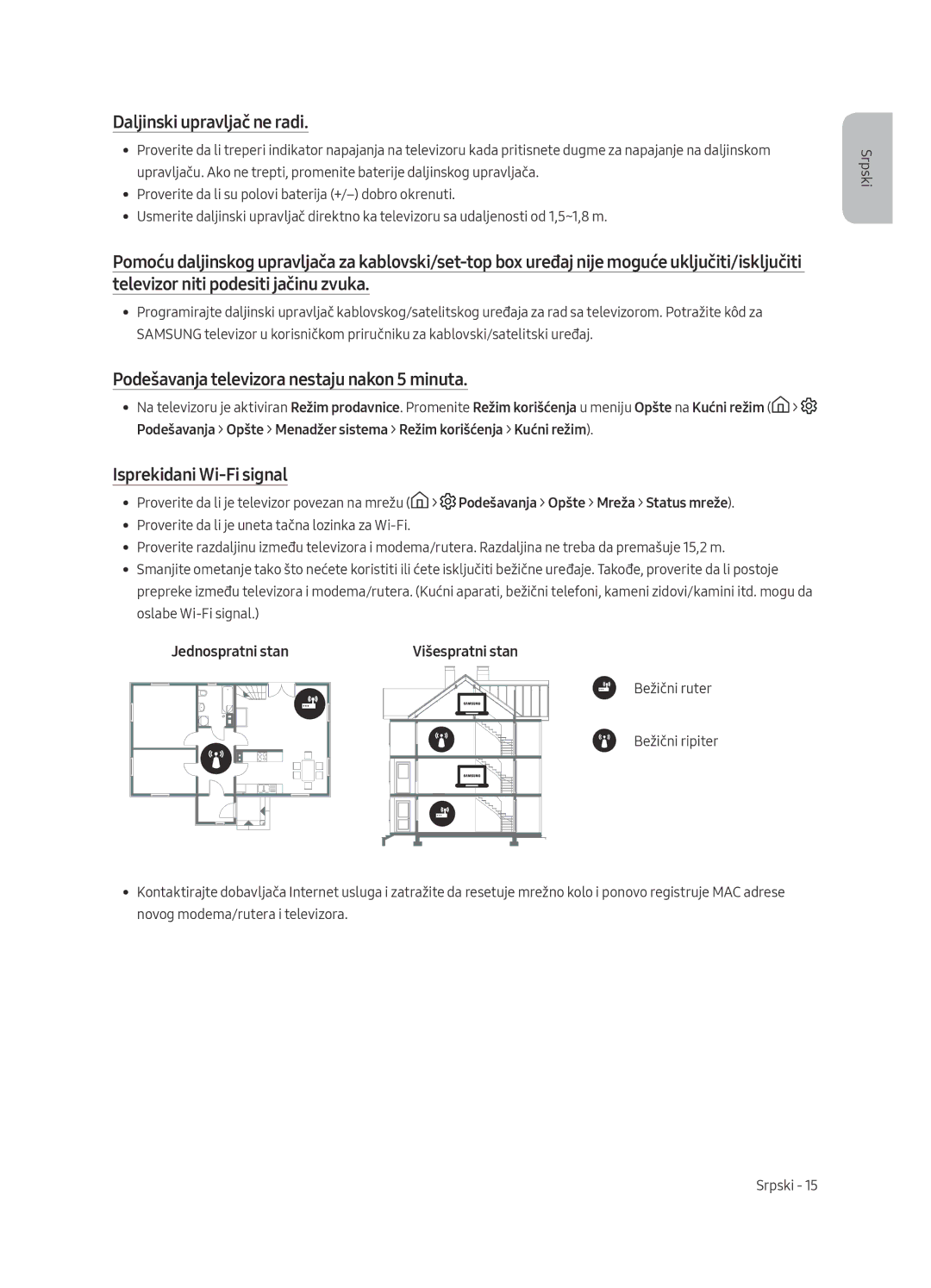 Samsung UE40MU6192UXXH, UE58MU6192UXXH manual Podešavanja televizora nestaju nakon 5 minuta, Isprekidani Wi-Fi signal 