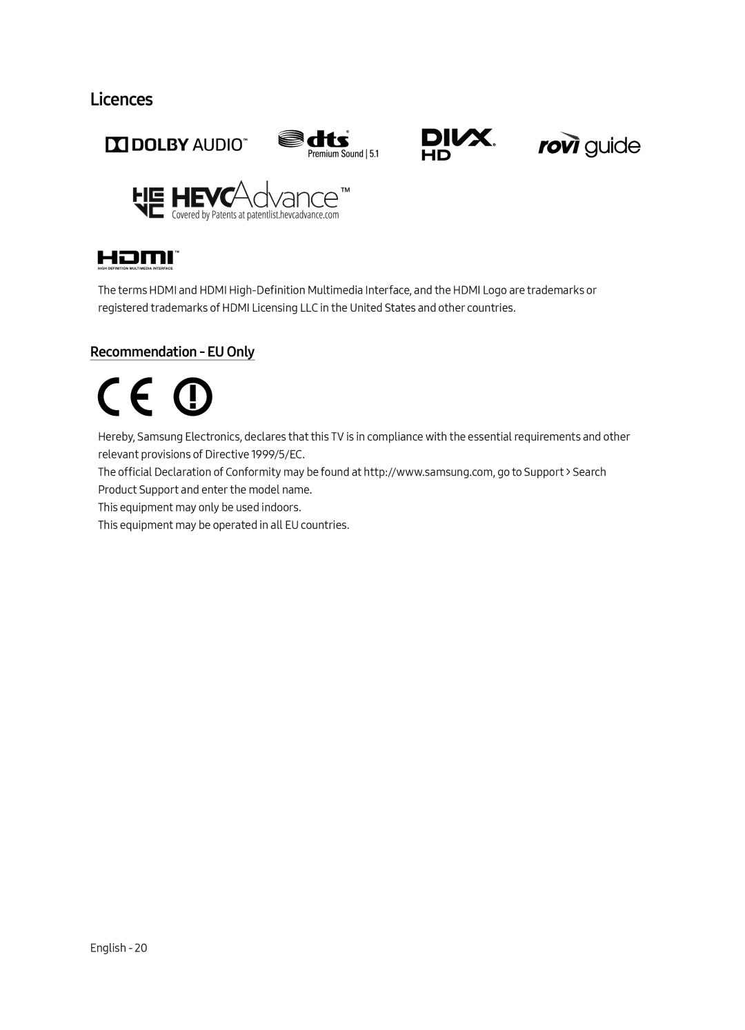 Samsung UE58MU6122KXXH, UE58MU6192UXXH, UE40MU6122KXXH, UE65MU6122KXXH, UE50MU6122KXXH manual Licences, Recommendation EU Only 