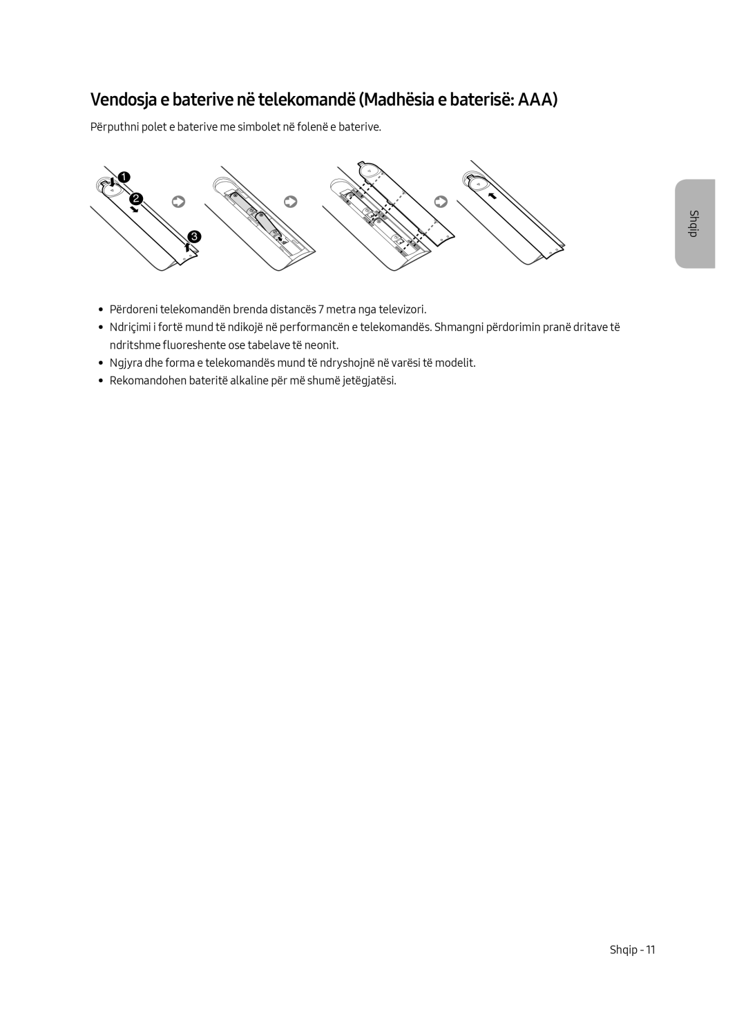 Samsung UE40MU6122KXXH, UE58MU6192UXXH, UE65MU6122KXXH manual Vendosja e baterive në telekomandë Madhësia e baterisë AAA 