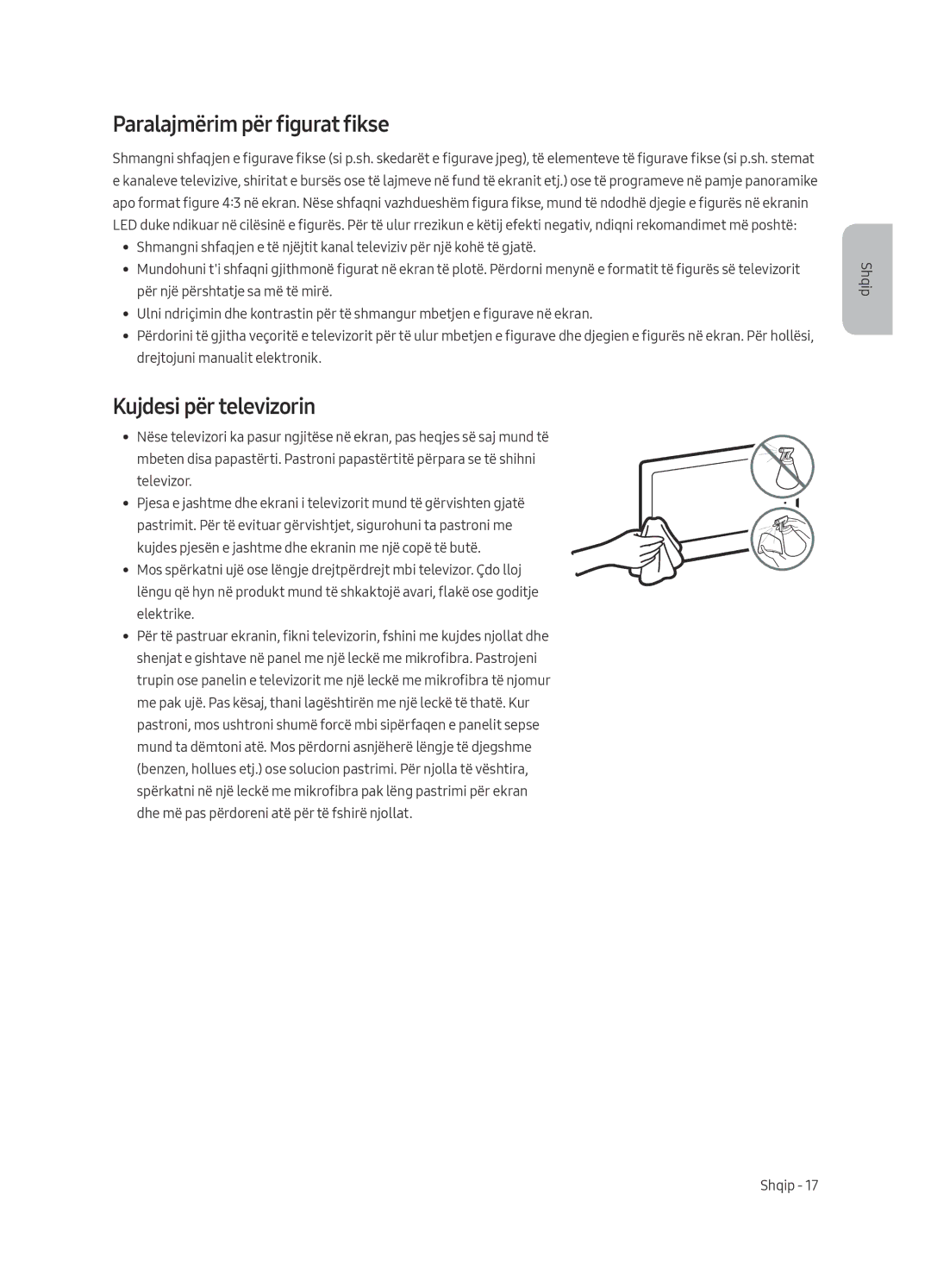 Samsung UE75MU6122KXXH, UE58MU6192UXXH, UE40MU6122KXXH manual Paralajmërim për figurat fikse, Kujdesi për televizorin 