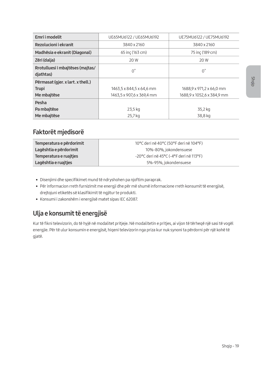 Samsung UE43MU6192UXXH, UE58MU6192UXXH, UE40MU6122KXXH, UE65MU6122KXXH manual Faktorët mjedisorë, Ulja e konsumit të energjisë 