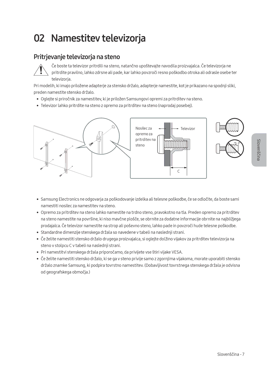 Samsung UE43MU6192UXXH, UE58MU6192UXXH, UE40MU6122KXXH manual Namestitev televizorja, Pritrjevanje televizorja na steno 