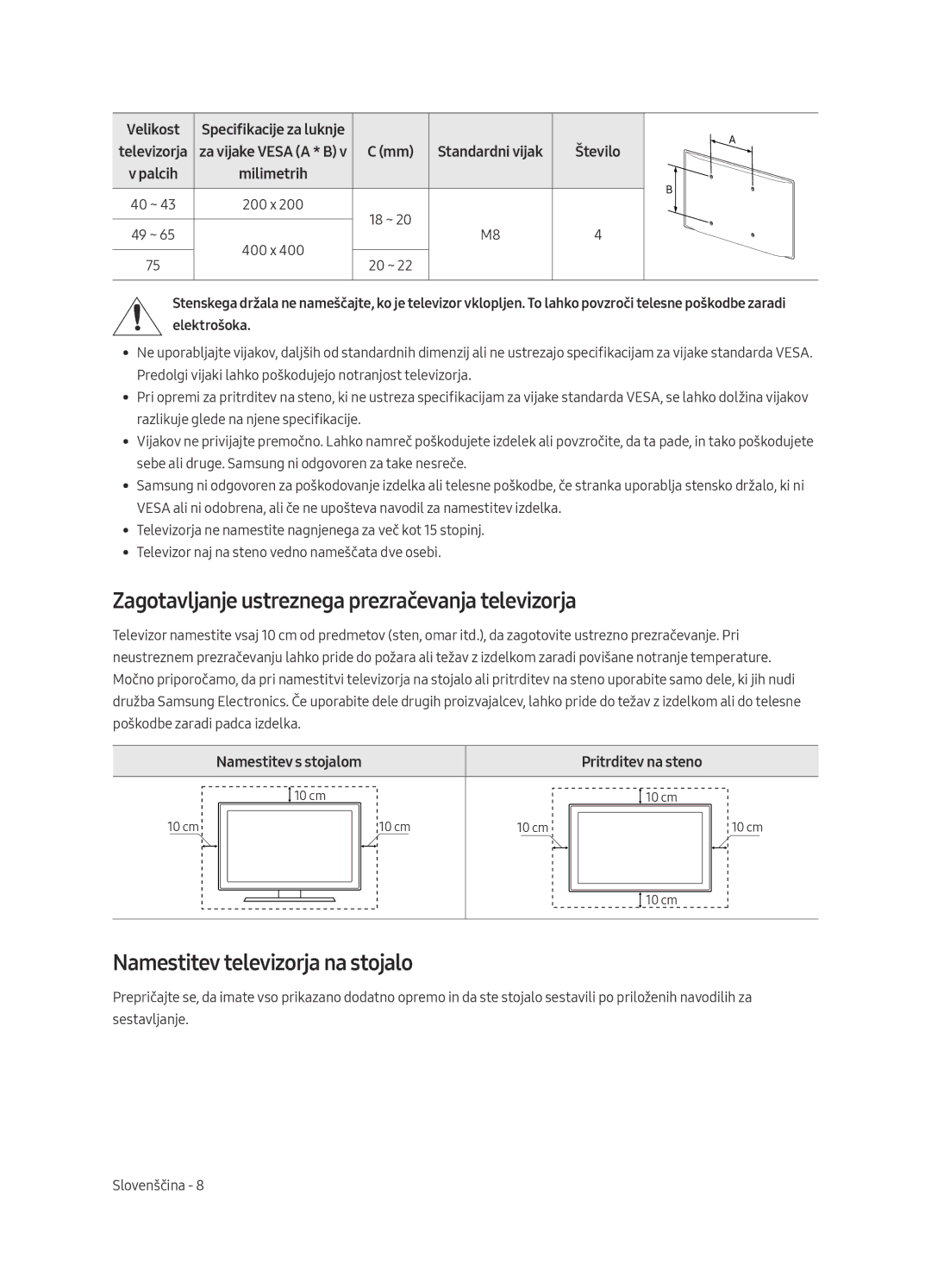 Samsung UE55MU6192UXXH manual Zagotavljanje ustreznega prezračevanja televizorja, Namestitev televizorja na stojalo 