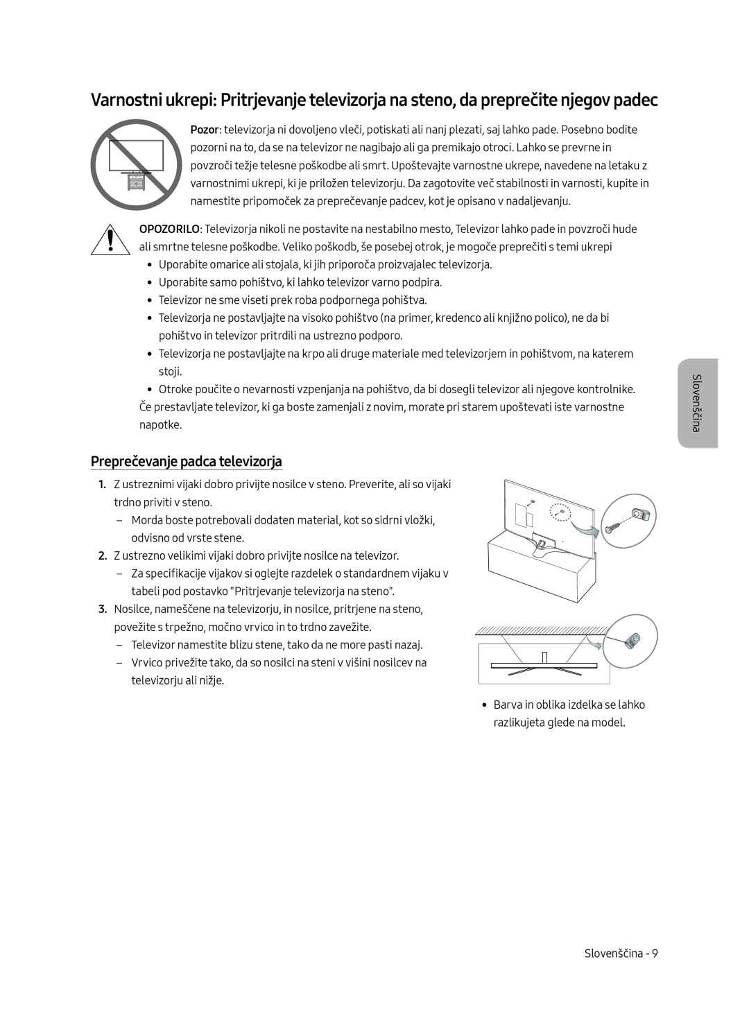 Samsung UE50MU6192UXXH, UE58MU6192UXXH, UE40MU6122KXXH, UE65MU6122KXXH, UE50MU6122KXXH manual Preprečevanje padca televizorja 