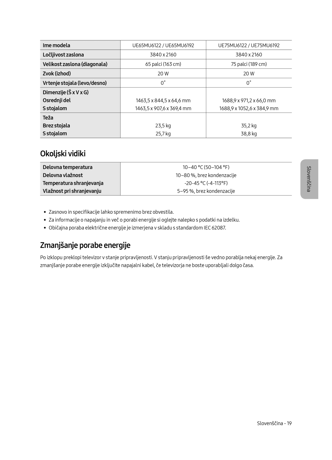 Samsung UE75MU6122KXXH, UE58MU6192UXXH, UE40MU6122KXXH, UE65MU6122KXXH manual Okoljski vidiki, Zmanjšanje porabe energije 