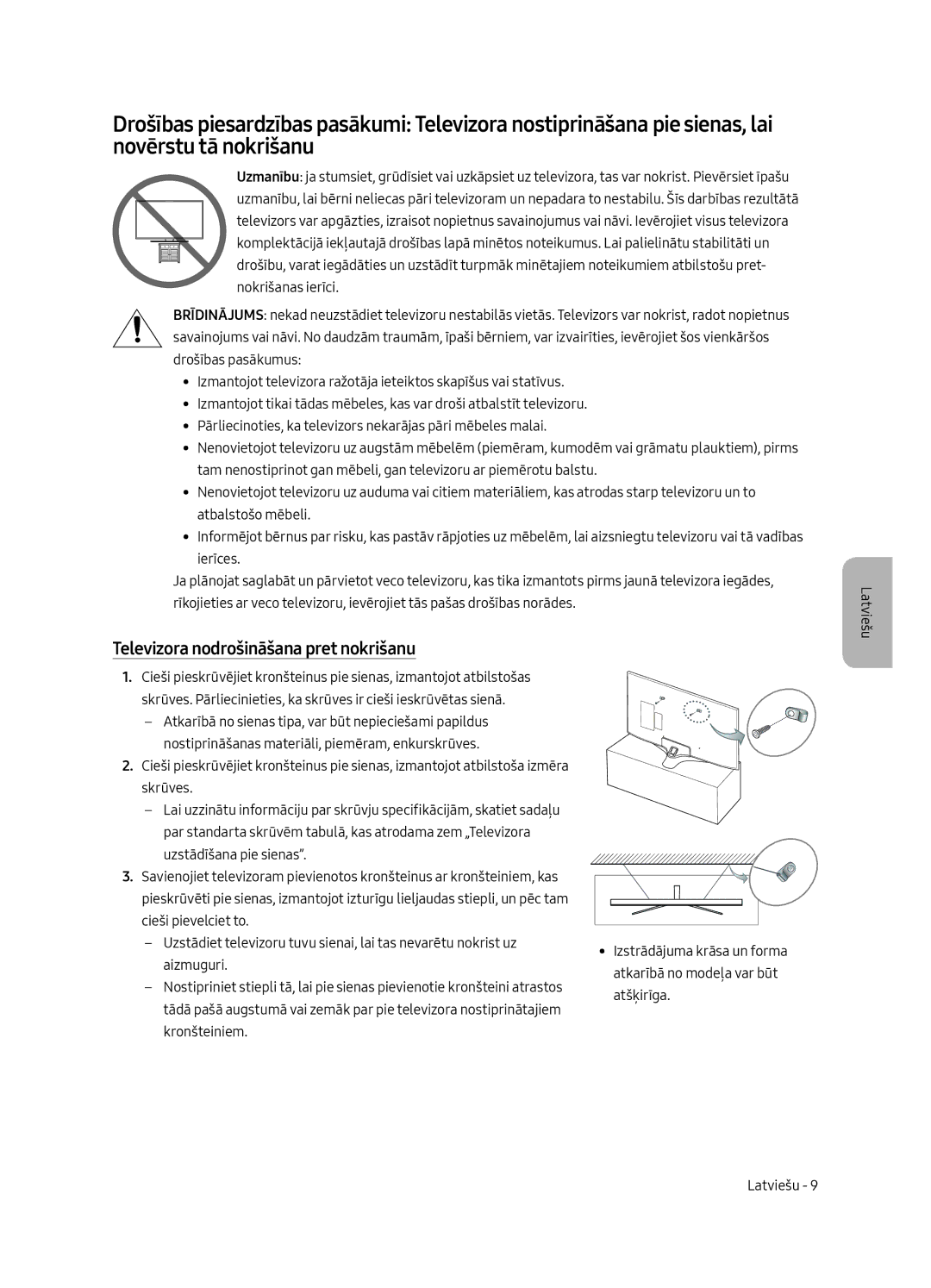 Samsung UE50MU6122KXXH, UE58MU6192UXXH, UE40MU6122KXXH, UE65MU6122KXXH manual Televizora nodrošināšana pret nokrišanu 