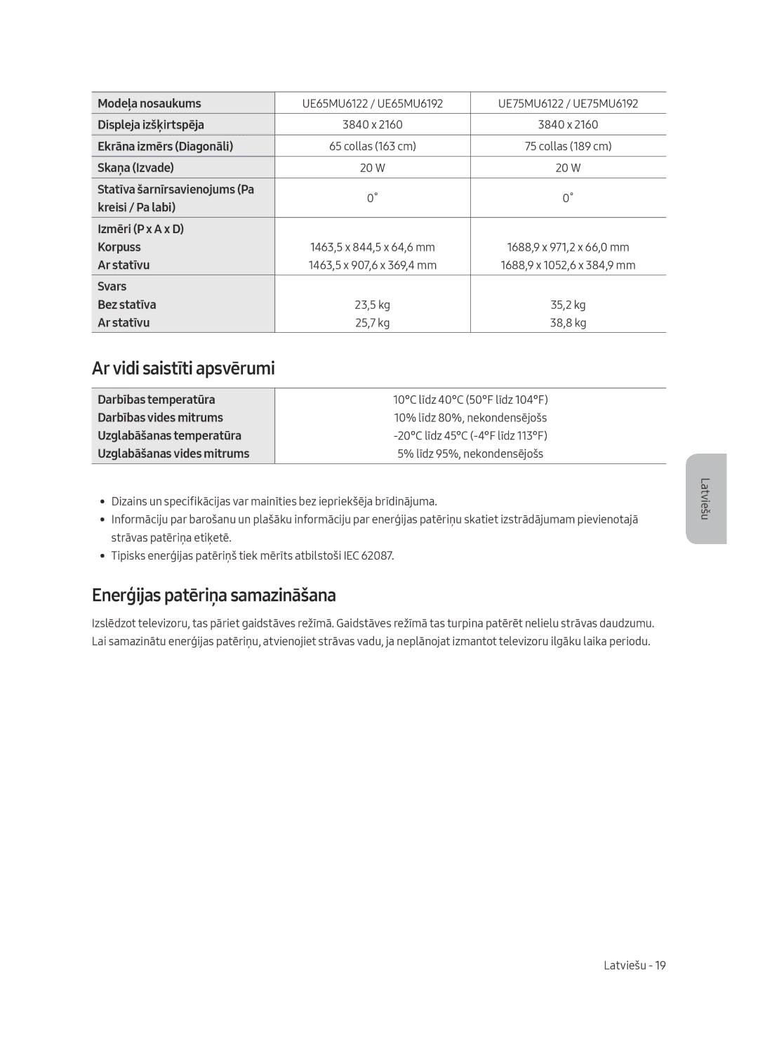 Samsung UE40MU6192UXXH, UE58MU6192UXXH, UE40MU6122KXXH manual Ar vidi saistīti apsvērumi, Enerģijas patēriņa samazināšana 