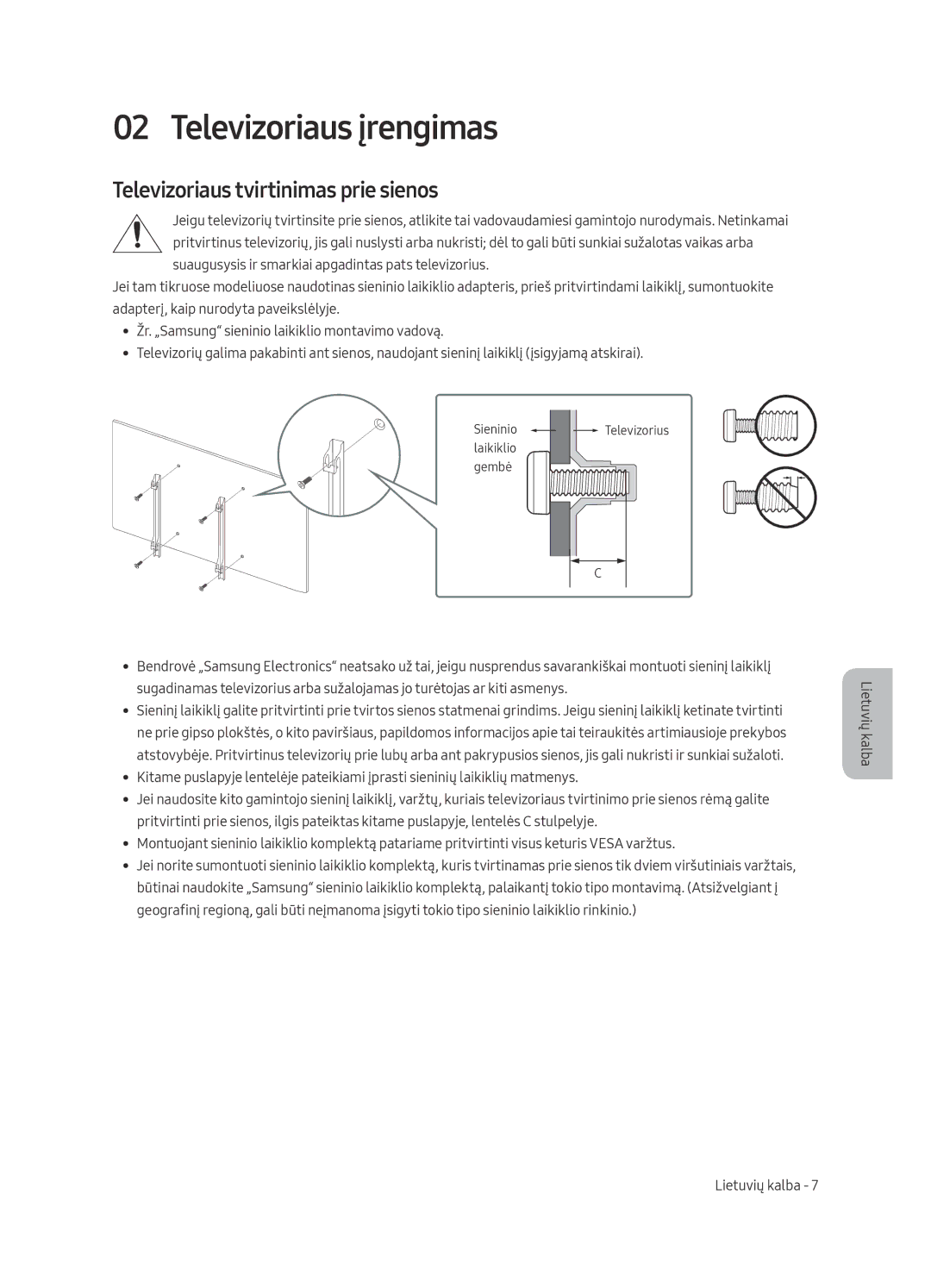 Samsung UE75MU6122KXXH, UE58MU6192UXXH, UE40MU6122KXXH manual Televizoriaus įrengimas, Televizoriaus tvirtinimas prie sienos 