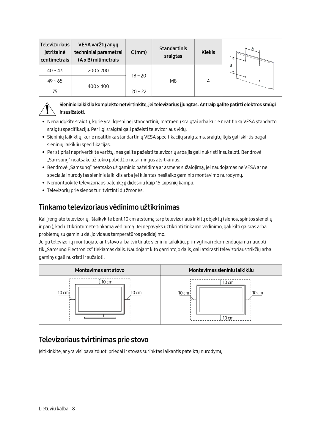 Samsung UE75MU6192UXXH, UE58MU6192UXXH Tinkamo televizoriaus vėdinimo užtikrinimas, Televizoriaus tvirtinimas prie stovo 