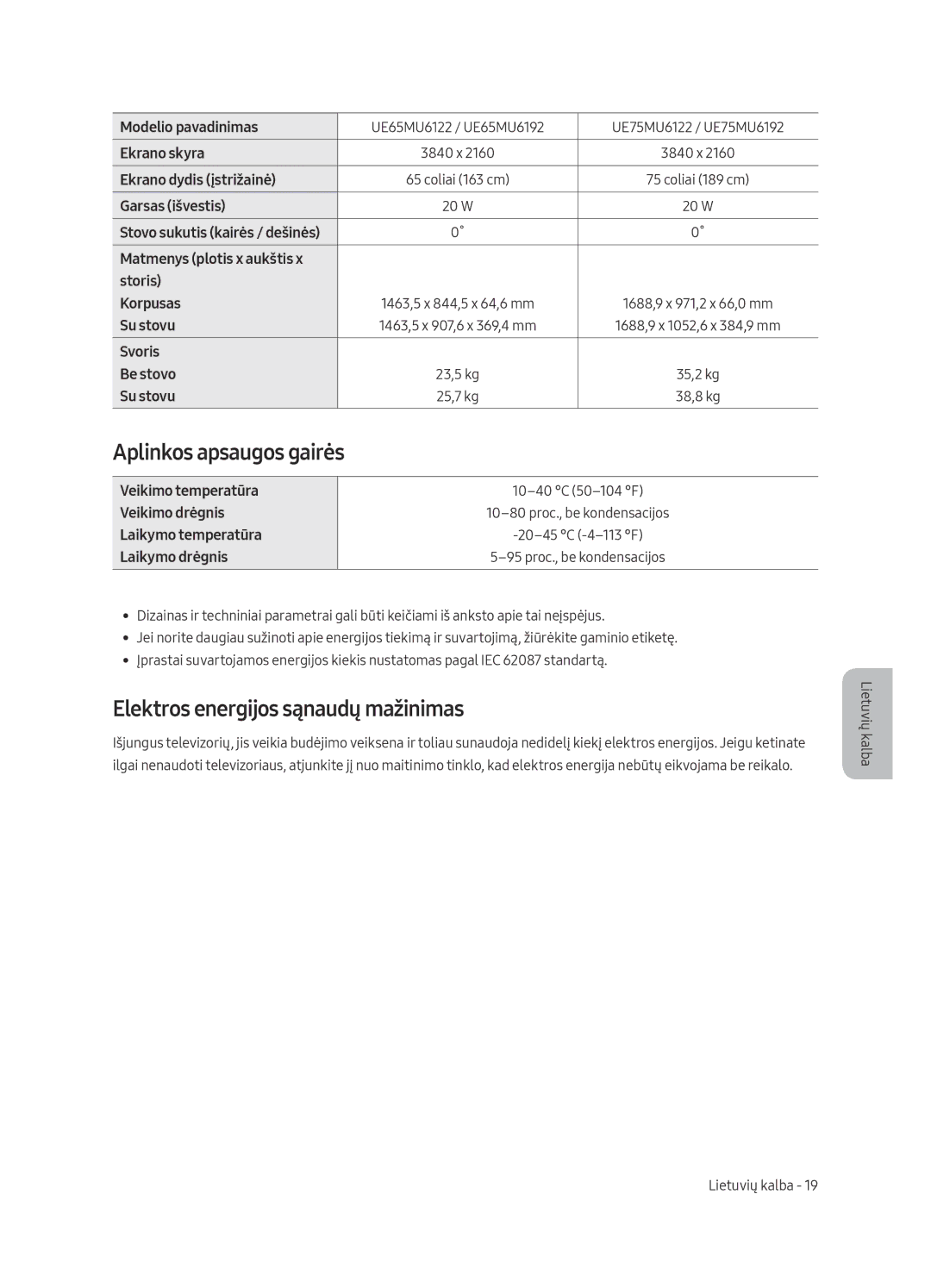 Samsung UE55MU6122KXXH, UE58MU6192UXXH, UE40MU6122KXXH manual Aplinkos apsaugos gairės, Elektros energijos sąnaudų mažinimas 