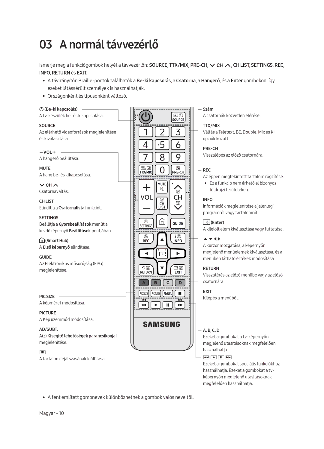 Samsung UE65MU6122KXXH, UE58MU6192UXXH, UE40MU6122KXXH, UE50MU6122KXXH, UE43MU6122KXXH, UE55MU6122KXXH manual Normál távvezérlő 