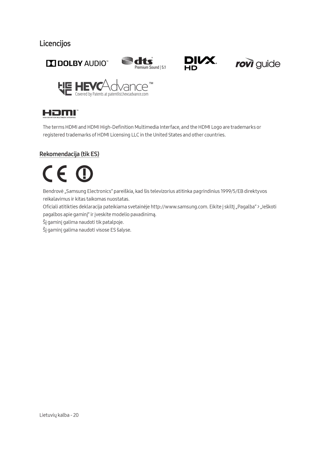 Samsung UE58MU6122KXXH, UE58MU6192UXXH, UE40MU6122KXXH, UE65MU6122KXXH, UE50MU6122KXXH manual Licencijos, Rekomendacija tik ES 