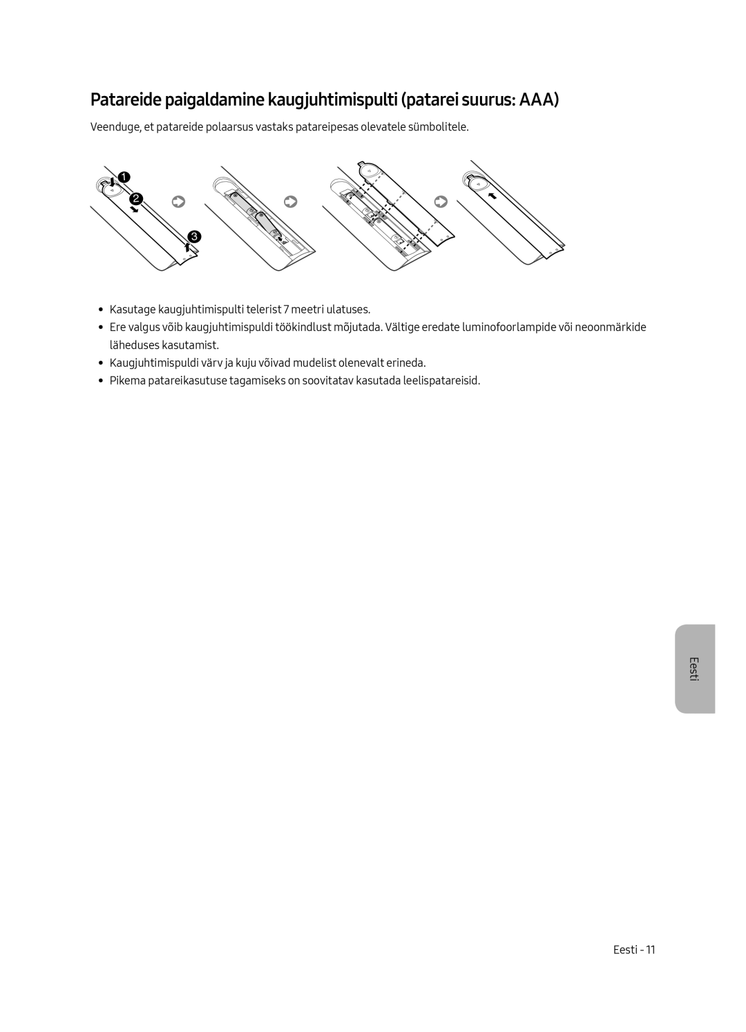 Samsung UE50MU6122KXXH, UE58MU6192UXXH, UE40MU6122KXXH manual Patareide paigaldamine kaugjuhtimispulti patarei suurus AAA 