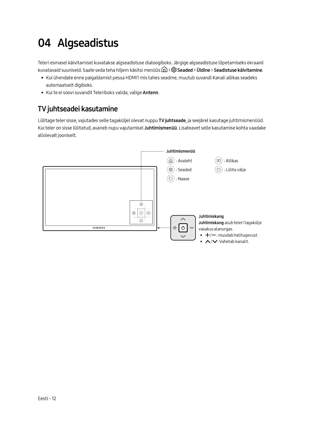 Samsung UE43MU6122KXXH, UE58MU6192UXXH, UE40MU6122KXXH, UE65MU6122KXXH, UE50MU6122KXXH Algseadistus, TV juhtseadei kasutamine 