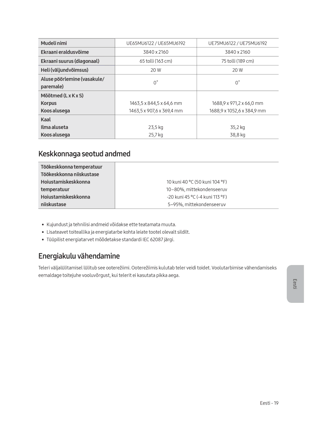 Samsung UE50MU6192UXXH, UE58MU6192UXXH, UE40MU6122KXXH, UE65MU6122KXXH Keskkonnaga seotud andmed, Energiakulu vähendamine 