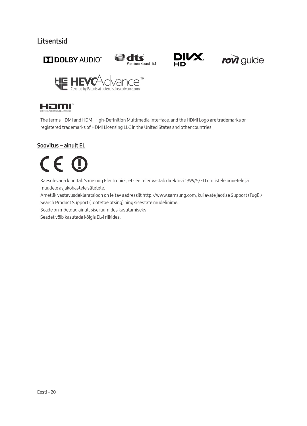 Samsung UE65MU6192UXXH, UE58MU6192UXXH, UE40MU6122KXXH, UE65MU6122KXXH, UE50MU6122KXXH manual Litsentsid, Soovitus ainult EL 