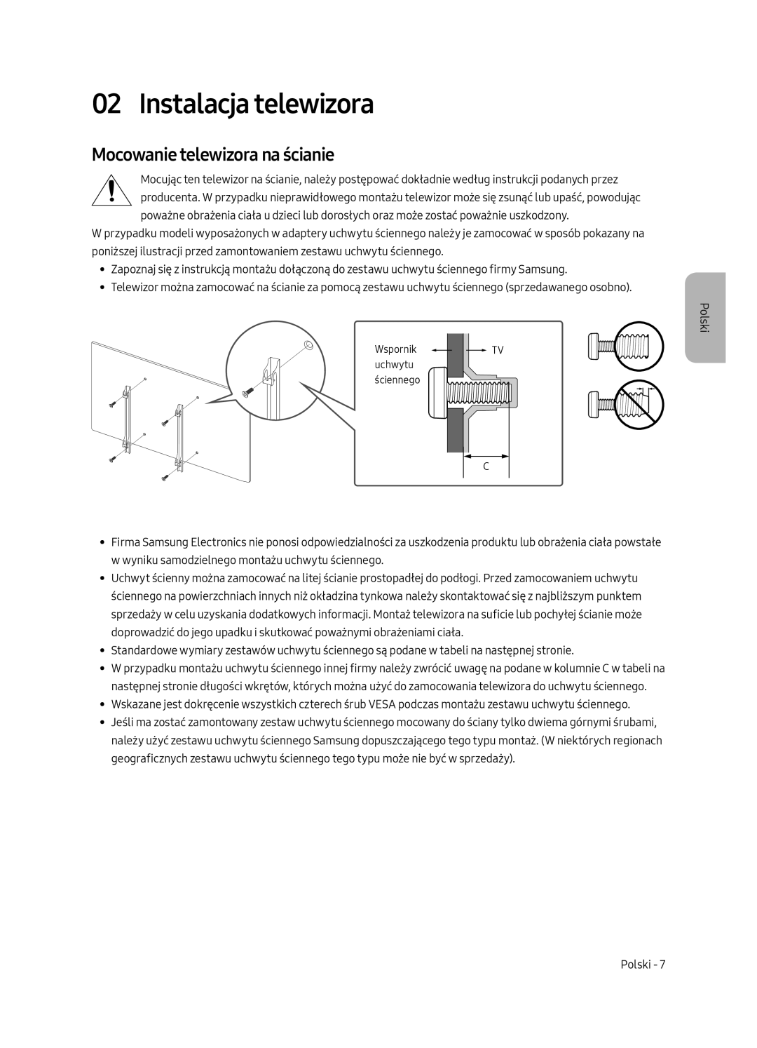 Samsung UE55MU6122KXXH, UE58MU6192UXXH, UE40MU6122KXXH manual Instalacja telewizora, Mocowanie telewizora na ścianie 