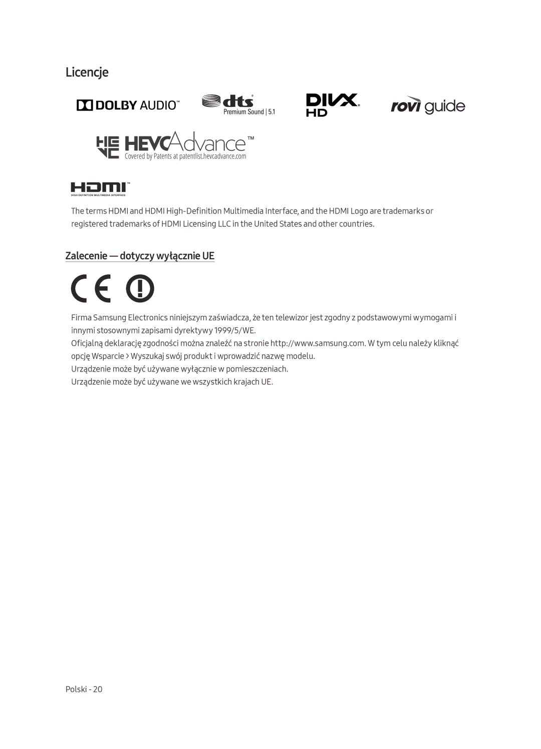 Samsung UE43MU6122KXXH, UE58MU6192UXXH, UE40MU6122KXXH, UE65MU6122KXXH manual Licencje, Zalecenie dotyczy wyłącznie UE 