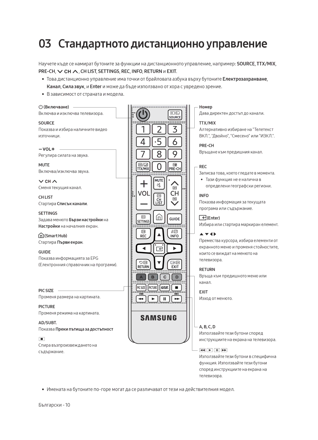 Samsung UE58MU6122KXXH, UE58MU6192UXXH manual 03 Стандартното дистанционно управление, Зависимост от страната и модела 