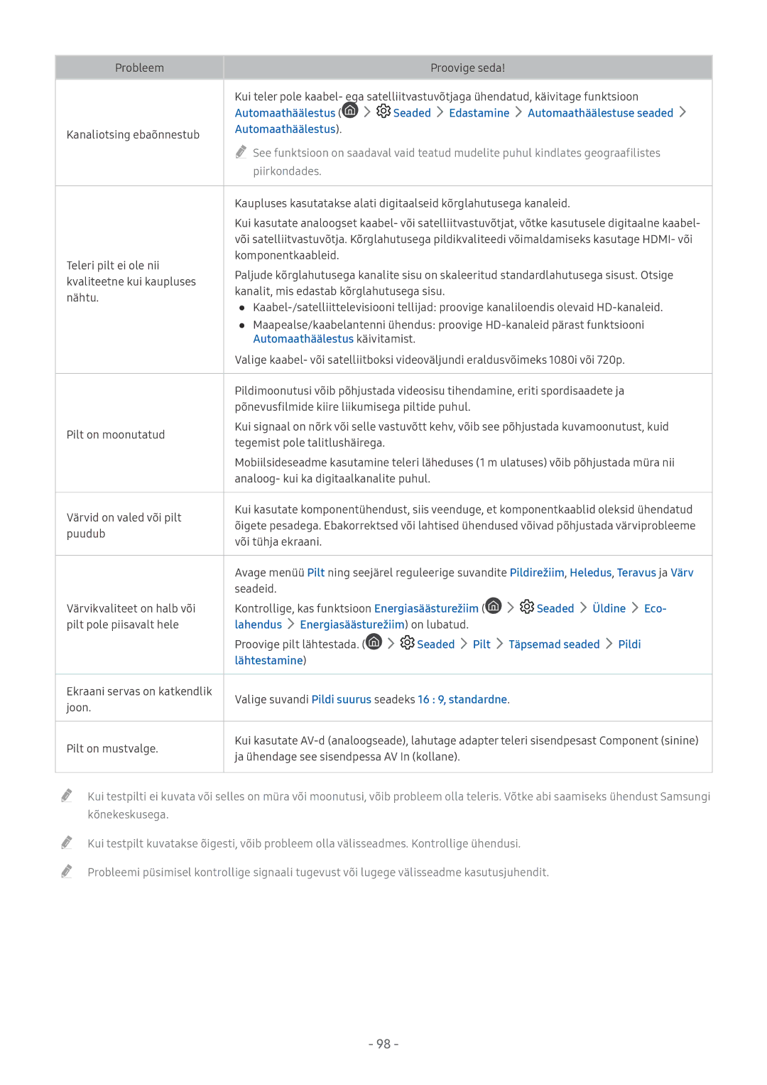 Samsung QE55Q8FAMTXXH, UE58MU6192UXXH, UE55MU7002TXXH manual Automaathäälestus käivitamist, Seaded Üldine Eco, Lahendus 