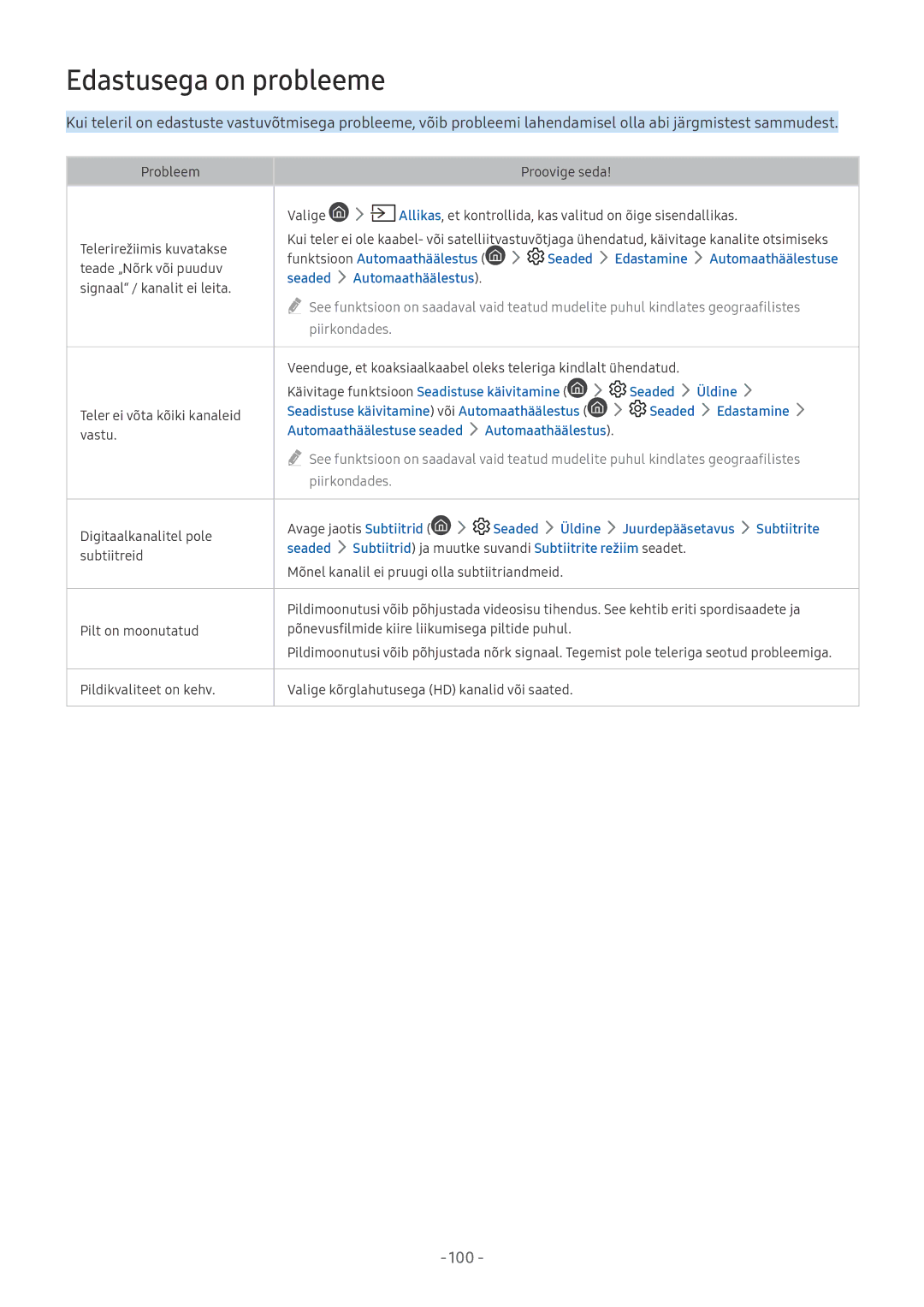 Samsung QE88Q9FAMTXXH manual Edastusega on probleeme, Automaathäälestuse, Käivitage funktsioon Seadistuse käivitamine 