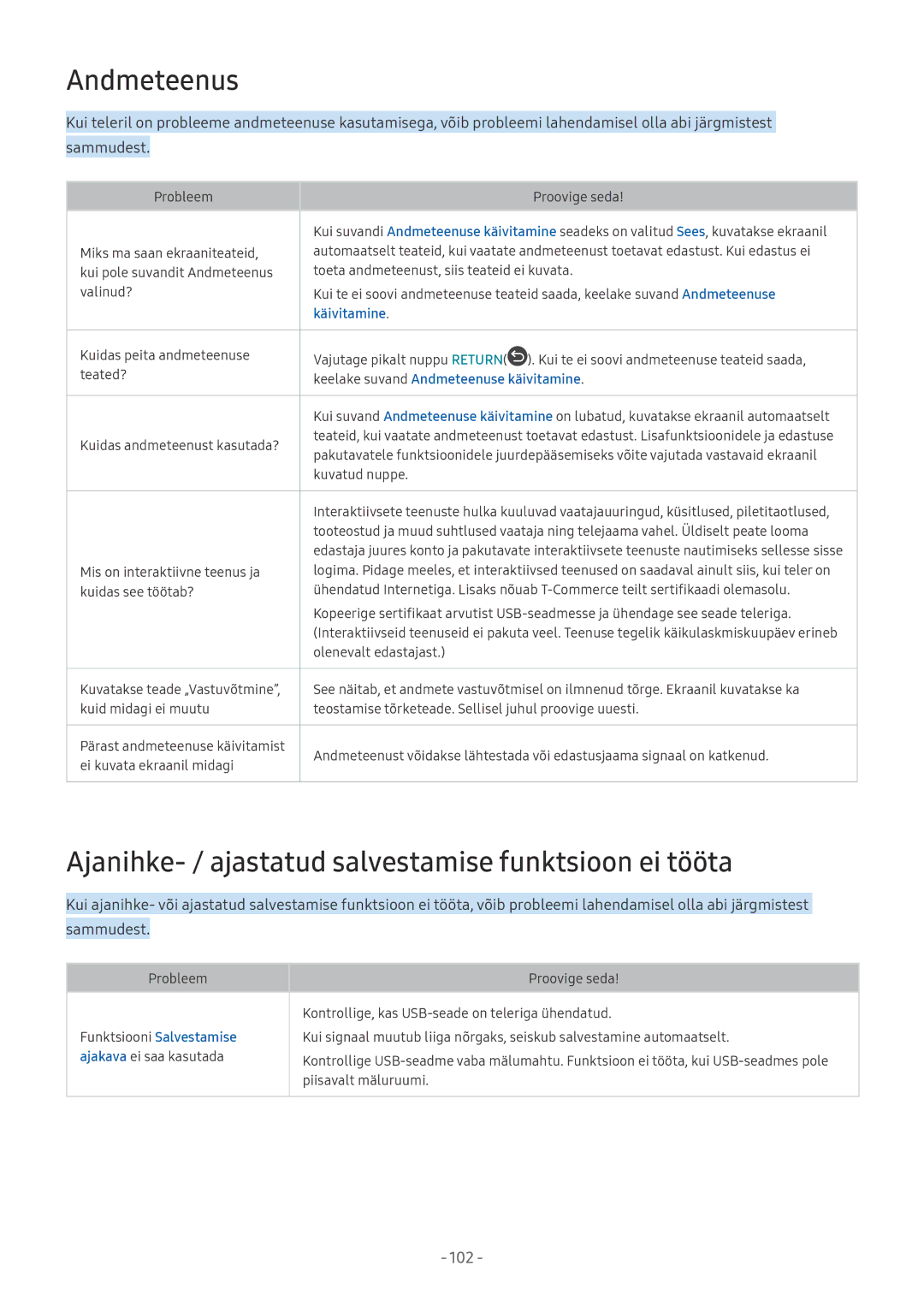 Samsung UE65MU6472UXXH, UE58MU6192UXXH Andmeteenus, Ajanihke- / ajastatud salvestamise funktsioon ei tööta, Käivitamine 