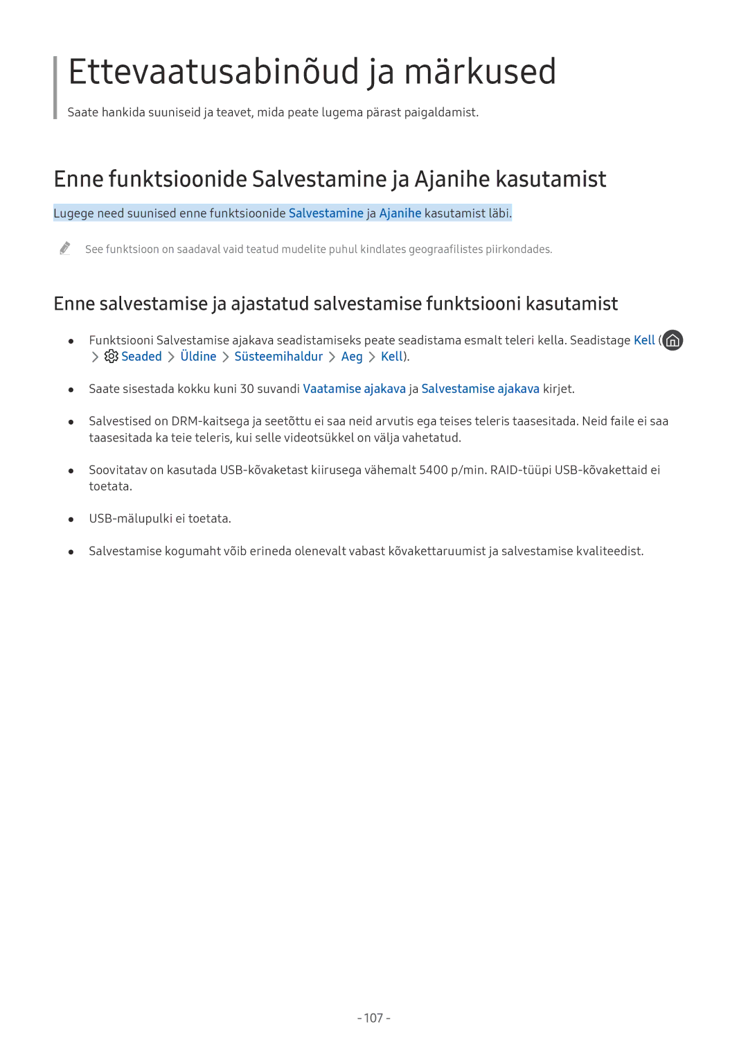 Samsung UE50MU6192UXXH, QE55Q7CAMTXXH Ettevaatusabinõud ja märkused, Enne funktsioonide Salvestamine ja Ajanihe kasutamist 